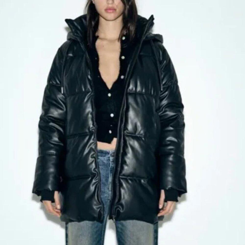 ZARA FAUX LEATHER PUFFER COAT Women Black